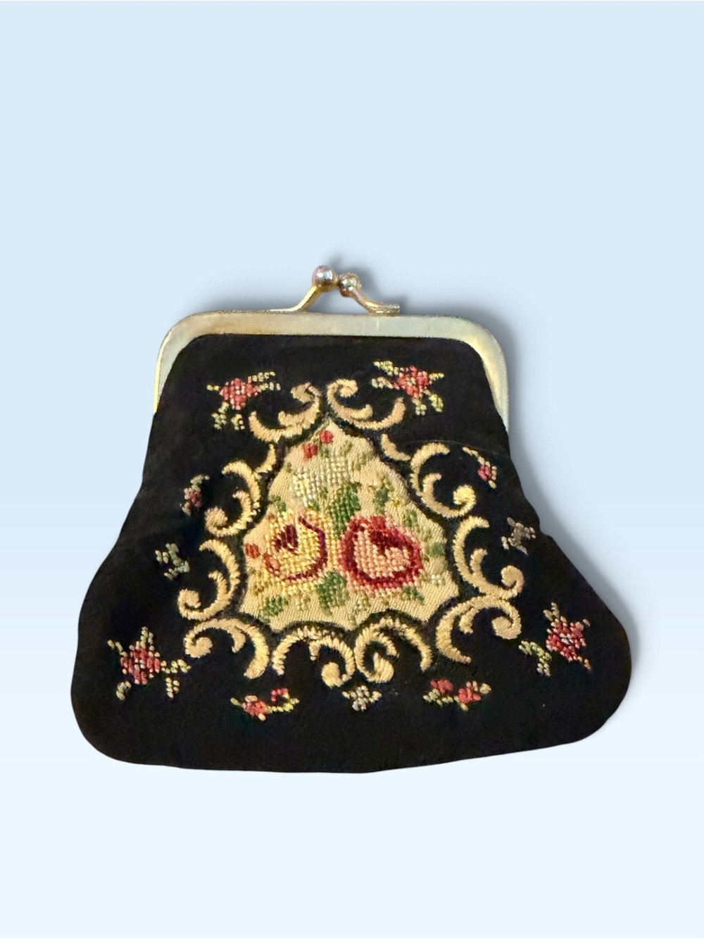 Black Embroidered Floral Kiss-Lock Clutch Wallet